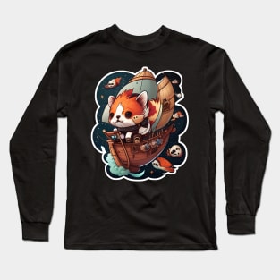 Red Panda on a Pirate Ship in Space Sticker Long Sleeve T-Shirt